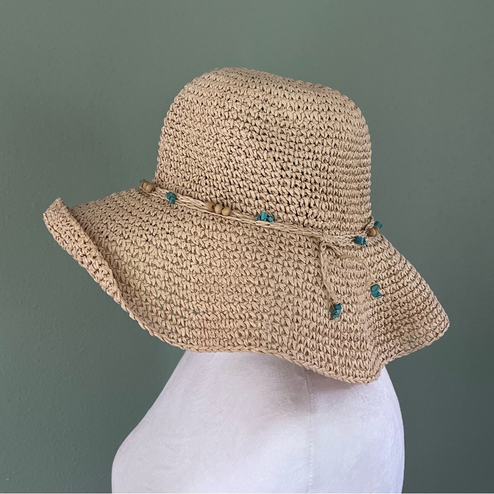 Boho Floppy Paaper Straw Sun Hat Beaded Stone Trim